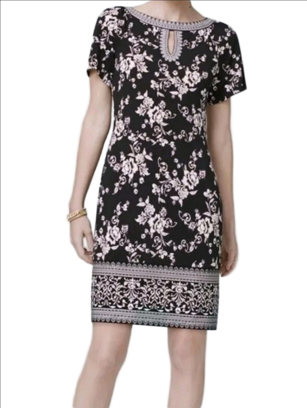WHBM Black Shift Dress W/ Light Pink Floral Print Keyhole Neckline Short Sleeve